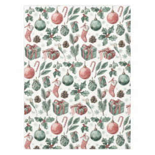 Green Red Holiday Watercolor Pine Berry Whimsical Tablecloth