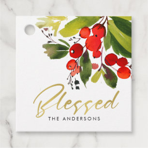 GREEN RED HOLLY BERRY WATERCOLOR CHRISTMAS BLESSED FAVOUR TAGS