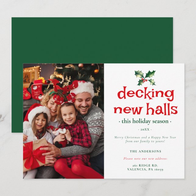 Green Red Holly Deck New Halls Home Family Photo Holiday Card (Front/Back)