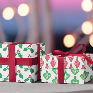 Green Red Holly Ornament Bauble Wrapping Paper Sheet