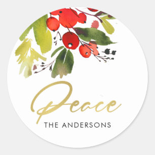 GREEN RED HOLY BERRIES WATERCOLOR CHRISTMAS PEACE CLASSIC ROUND STICKER