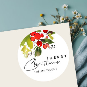 GREEN RED HOLY BERRIES WATERCOLOR MERRY CHRISTMAS CLASSIC ROUND STICKER