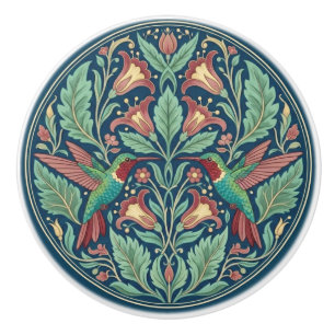 Green Red Hummingbird Floral William Morris Style Ceramic Knob