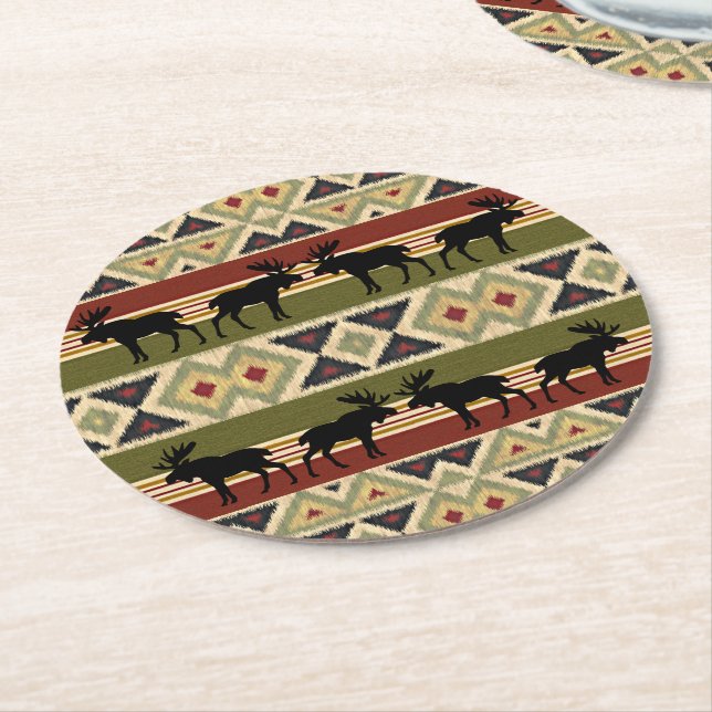 Green Red Ivory Ochre Ethnic Look Round Paper Coaster (Angled)
