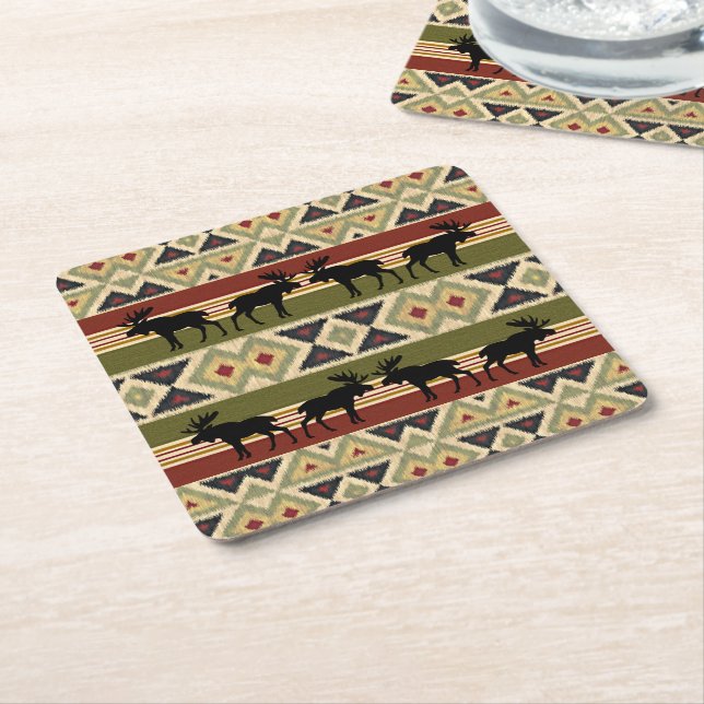 Green Red Ivory Ochre Ethnic Look Square Paper Coaster (Angled)