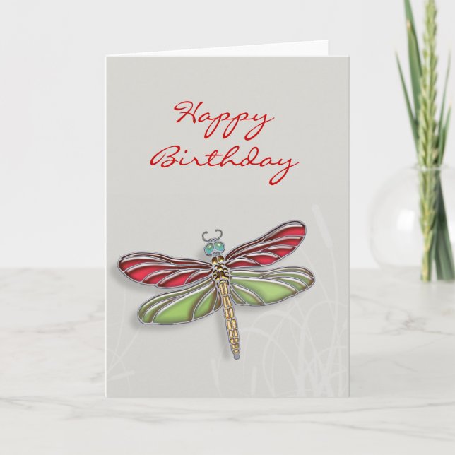 Green & Red Jewelled Dragonfly Card (Front)