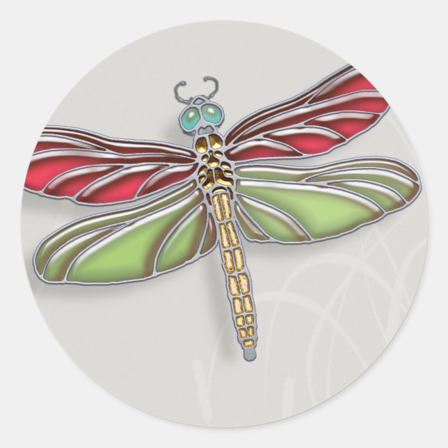Green & Red Jewelled Dragonfly Classic Round Sticker (Front)
