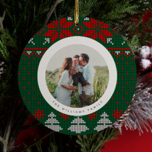 Green & Red Knit Sweater Pattern Photo Ceramic Tree Decoration