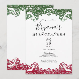 Green & Red Lace Elegant 15th Quinceañera Party Invitation