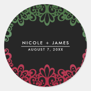 Green & Red Lace Elegant Fiesta Wedding  Classic Round Sticker