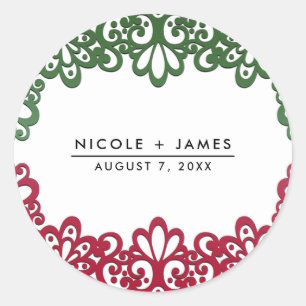Green & Red Lace Elegant Fiesta Wedding  Classic Round Sticker