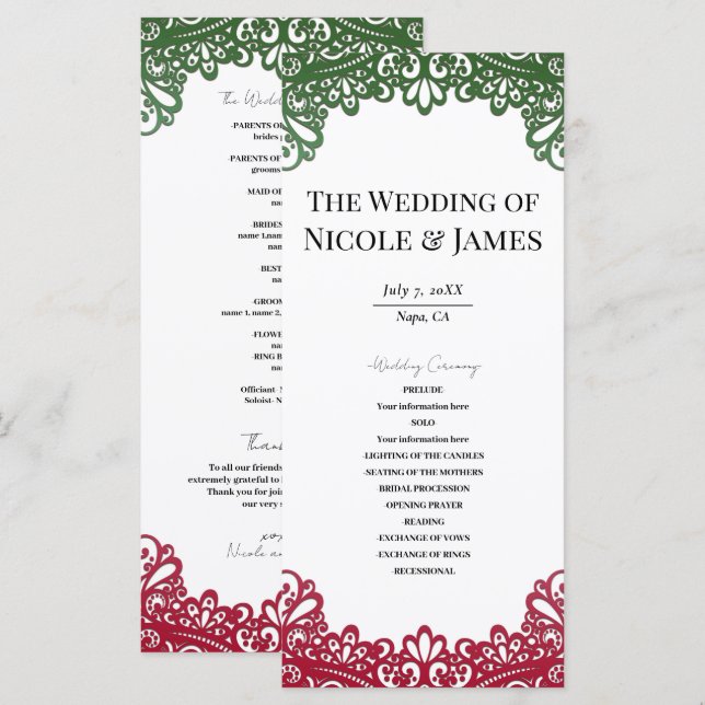 Green & Red Lace Elegant Fiesta Wedding Program Menu (Front/Back)