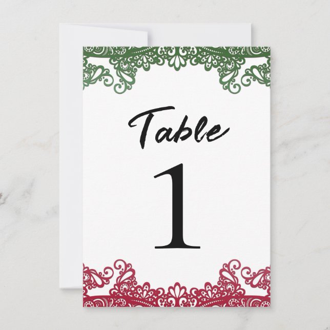Green & Red Lace Elegant Fiesta White Table Number (Front)
