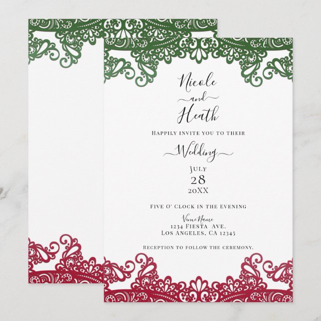 Green & Red Lace Elegant Fiesta White Wedding      Invitation (Front/Back)
