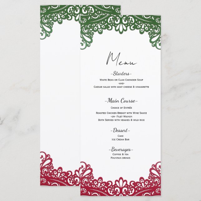 Green & Red Lace Elegant Fiesta White Wedding Menu (Front/Back)