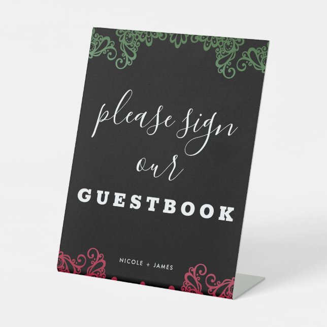 Green & Red Lace Fiesta Wedding Guestbook Sign (Front)