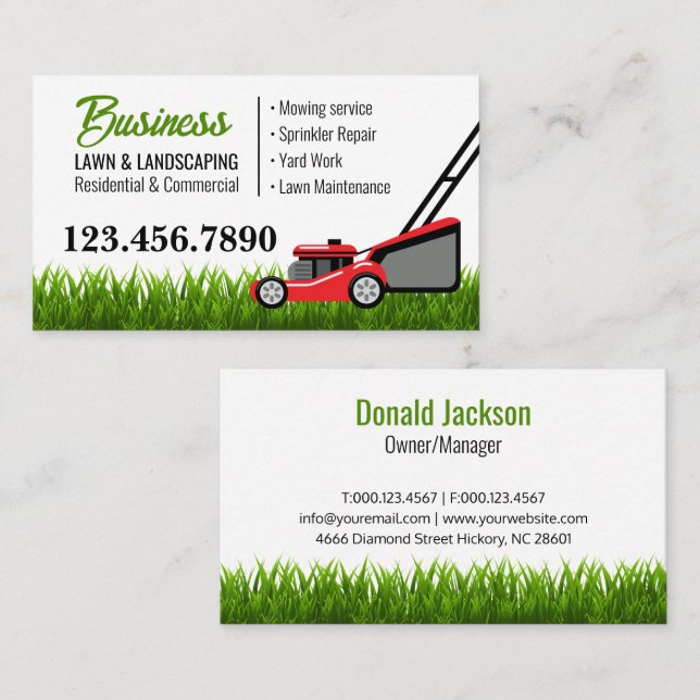 Green Red Lawn Mower Landscaping Service Business Card (Front/Back)