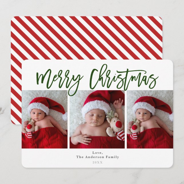 Green Red Merry Christmas Holiday 3 Photos Photo Invitation (Front/Back)