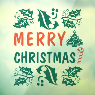 Green Red Merry Christmas Holly Window Cling