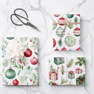 Green Red Merry Christmas Ornaments Wrapping Paper Sheet