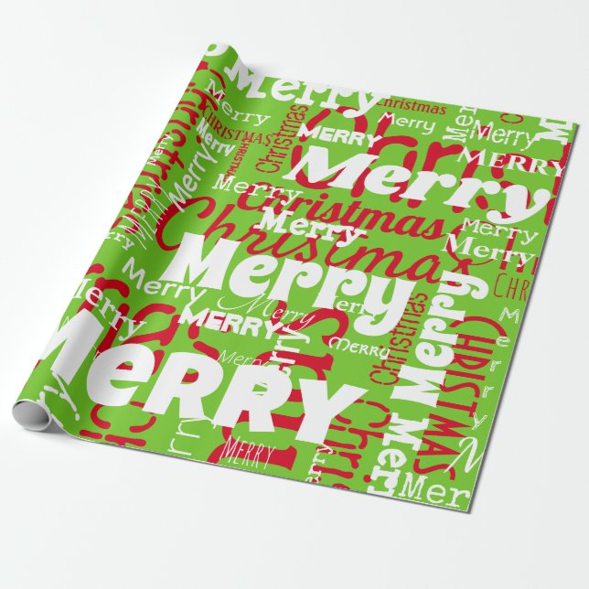 Green Red Merry Christmas Repeating Word  Wrapping Paper (Unrolled)