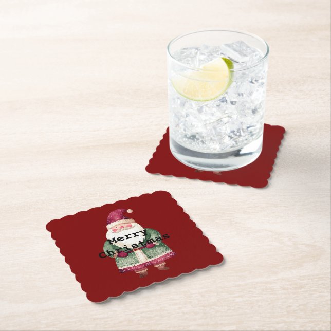 Green Red Merry Christmas Santa Paper Coaster (Insitu)