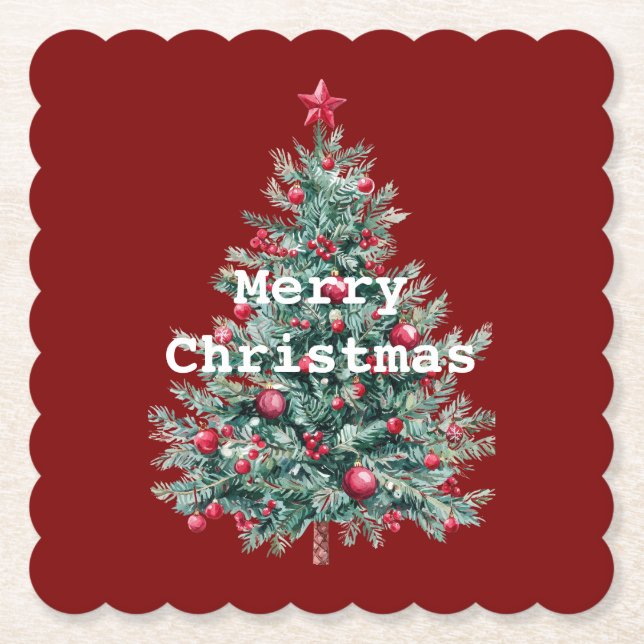 Green Red Merry Christmas Tree  Paper Coaster (Front)