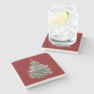 Green Red Merry Christmas Tree  Stone Coaster
