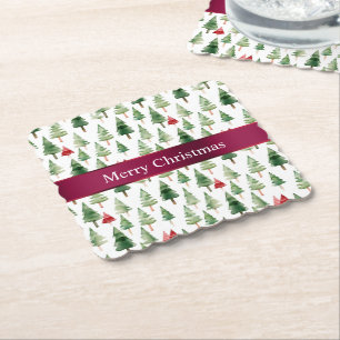 Green Red Merry Christmas Trees  Paper Coaster