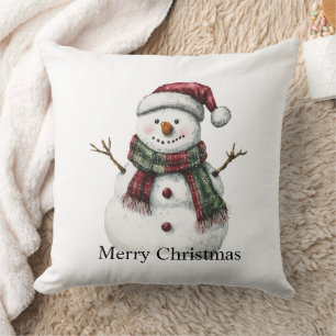 Green Red Merry Christmas Trees Snowman Cushion