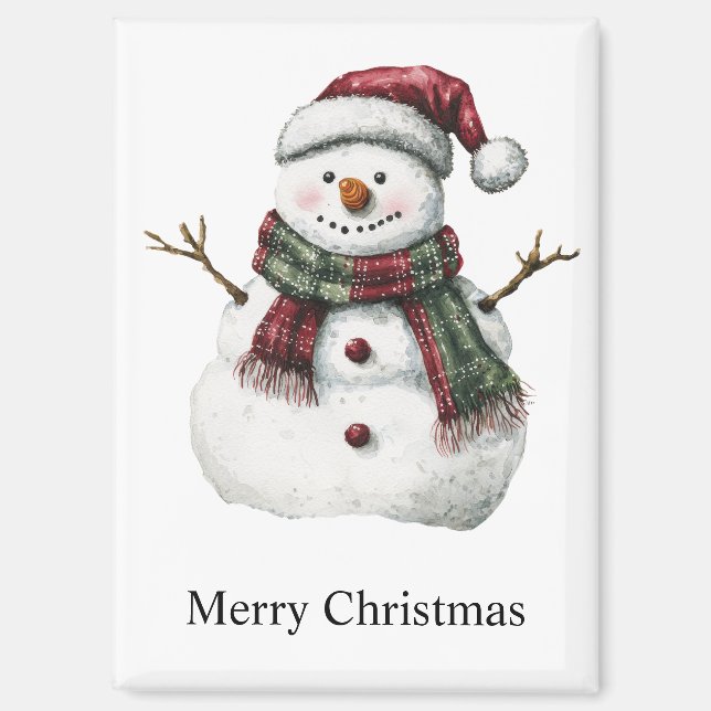 Green Red Merry Christmas Trees Snowman Magnet (Front)