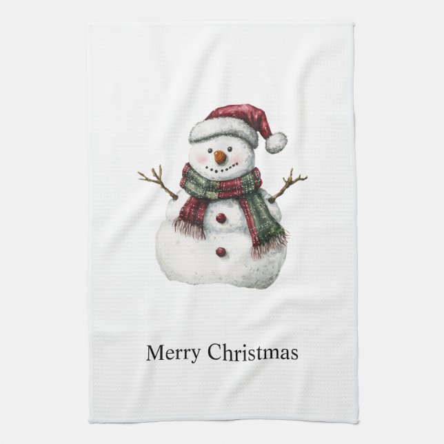 Green Red Merry Christmas Trees Snowman Tea Towel (Vertical)