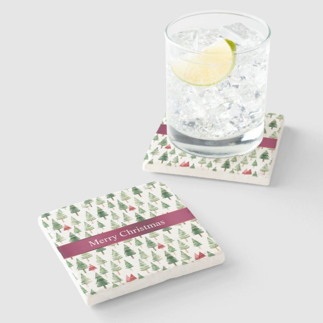 Green Red Merry Christmas Trees  Stone Coaster (Side)