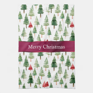 Green Red Merry Christmas Trees Tea Towel