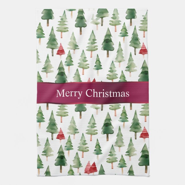 Green Red Merry Christmas Trees  Tea Towel (Vertical)