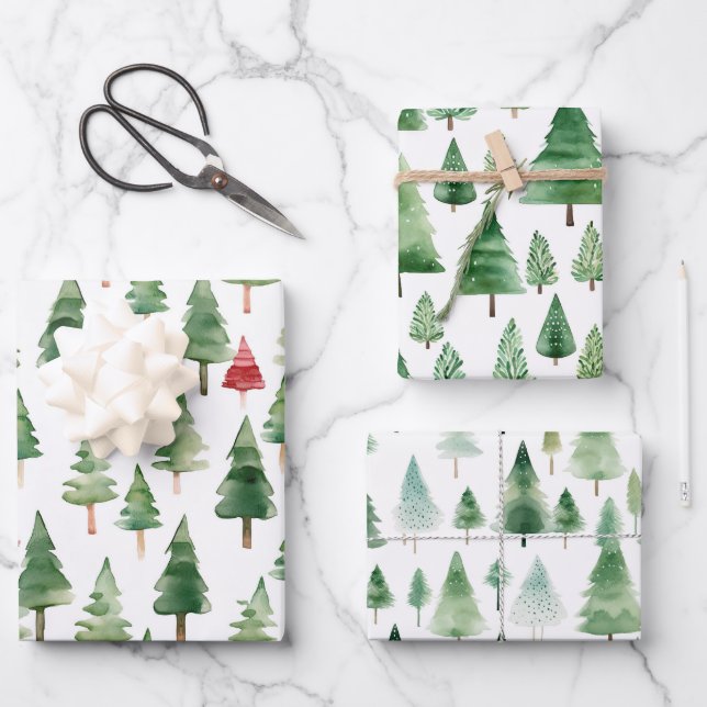 Green Red Merry Christmas Trees  Wrapping Paper Sheet (Front)