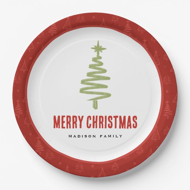 Green & Red Minimal Christmas Tree Family Holiday Paper Plate (Front)