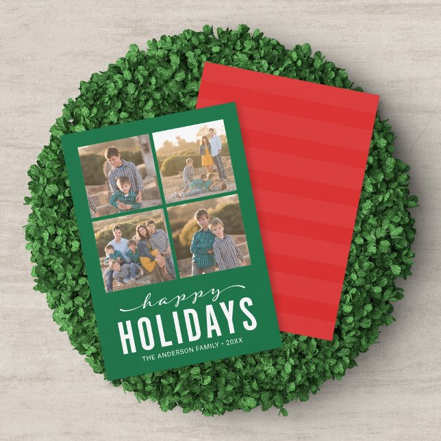 Green Red Modern Happy Holidays Photo Collage Holiday Card (Creator Uploaded)