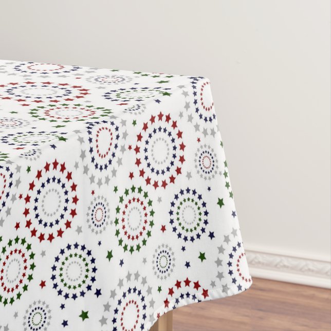 Green Red Navy Silver Stars on White  Tablecloth (In Situ)