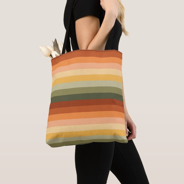 GREEN RED ORANGE YELLOW HORIZONTAL STRIPES TOTE BAG (Close Up)