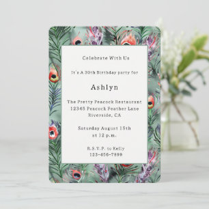 Green Red Peacock Feathers Birthday Invitation