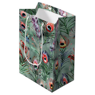 Green Red Peacock Feathers Birthday Medium Gift Bag