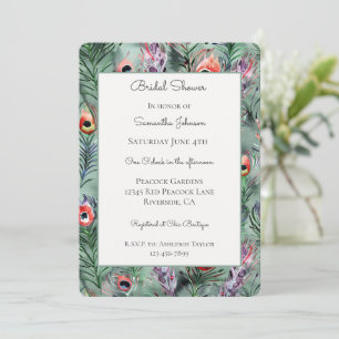 Green Red Peacock Feathers Bridal Shower   Invitation