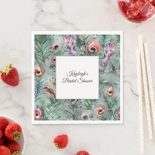 Green Red Peacock Feathers Bridal Shower Napkin