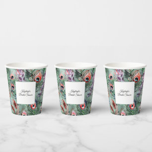 Green Red Peacock Feathers Bridal Shower Paper Cups