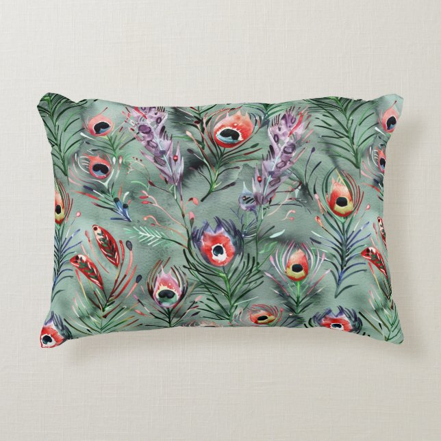 Green Red Peacock Feathers   Decorative Cushion (Front)