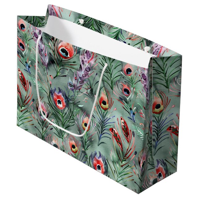 Green Red Peacock Feathers Large Gift Bag (Front Angled)