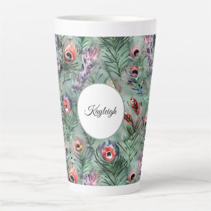 Green Red Peacock Feathers   Latte Mug