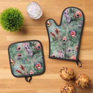 Green Red Peacock Feathers Oven Mitt & Pot Holder Set