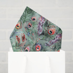 Green Red Peacock Feathers Tissue Paper